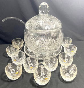 Vintage Lidded German Cut Glass Punchbowl, Ladle and Eleven Cups: Vintage Lidded German Cut Glass Punchbowl, Ladle and Eleven Cups DIMENSIONS (cups) X 11 : Height: 2.75 inch / 7 cm Top Diameter : 3.10 inch / 8 cm 