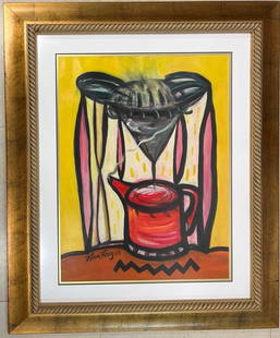 Framed Acrylic on paper signed Flora Fong Garcia and dated 2003: Framed Acrylic on paper signed Flora Fong Garcia and dated 2003 Titled CAFETERA with COA DIMENSIONS with frame : Height 37 inch / 93,7 cm Length 30.90