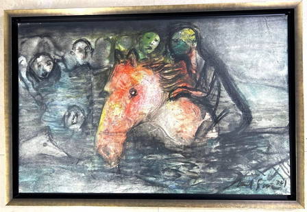 Framred Mixed Media on Canvas signed Nelson DOMINGUEZ CEDENO (Born 1947) Cuba: Framred Mixed Media on Canvas signed Nelson DOMINGUEZ CEDENO (Born 1947) Cuba Titled FIESTA EN EL RIO with COA from de artist DIMENSIONS with frame : Height 23 inch / 58,5 cm 