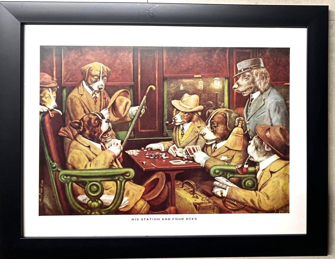 Very Rare Vintage Dogs Playing Poker C.M. Coolidge Framed Print Titled His Station and Four Aces (1 of 5)