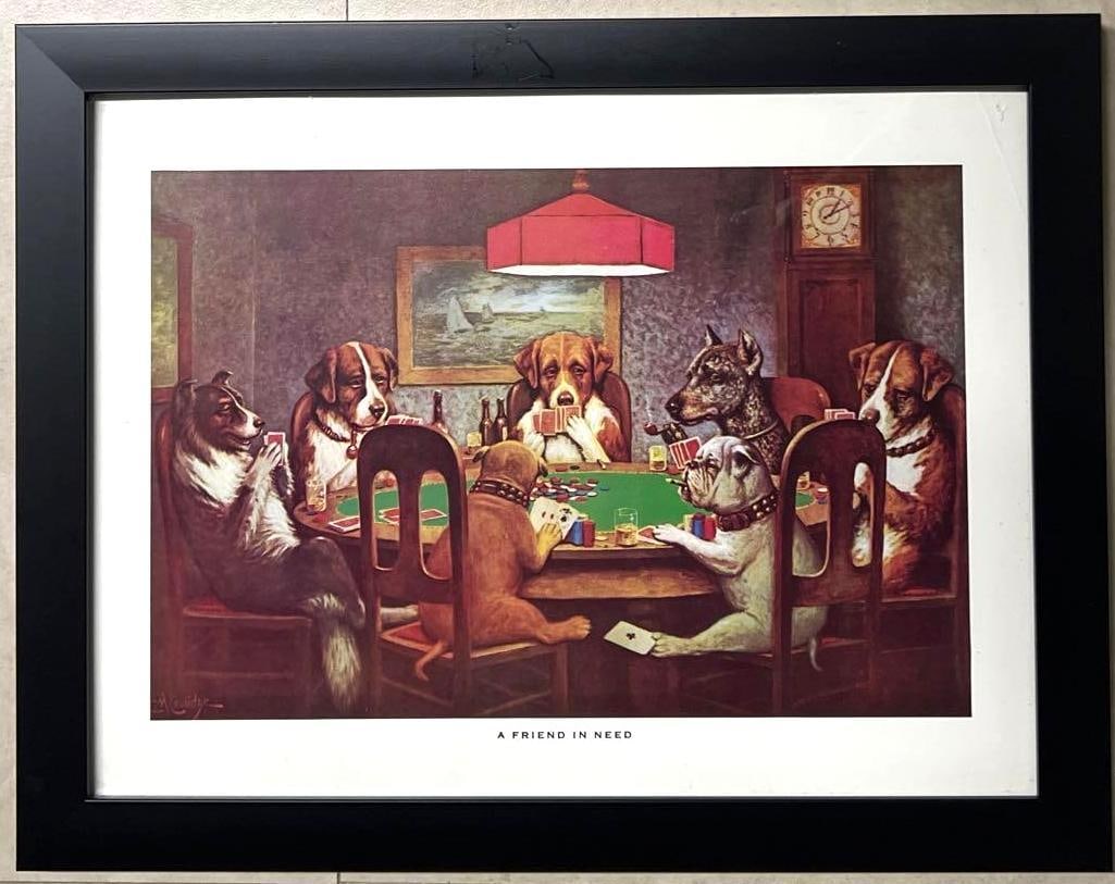 Very Rare Vintage Dogs Playing Poker C.M. Coolidge Framed Print Titled A FRIEND IN NEED (1 of 5)
