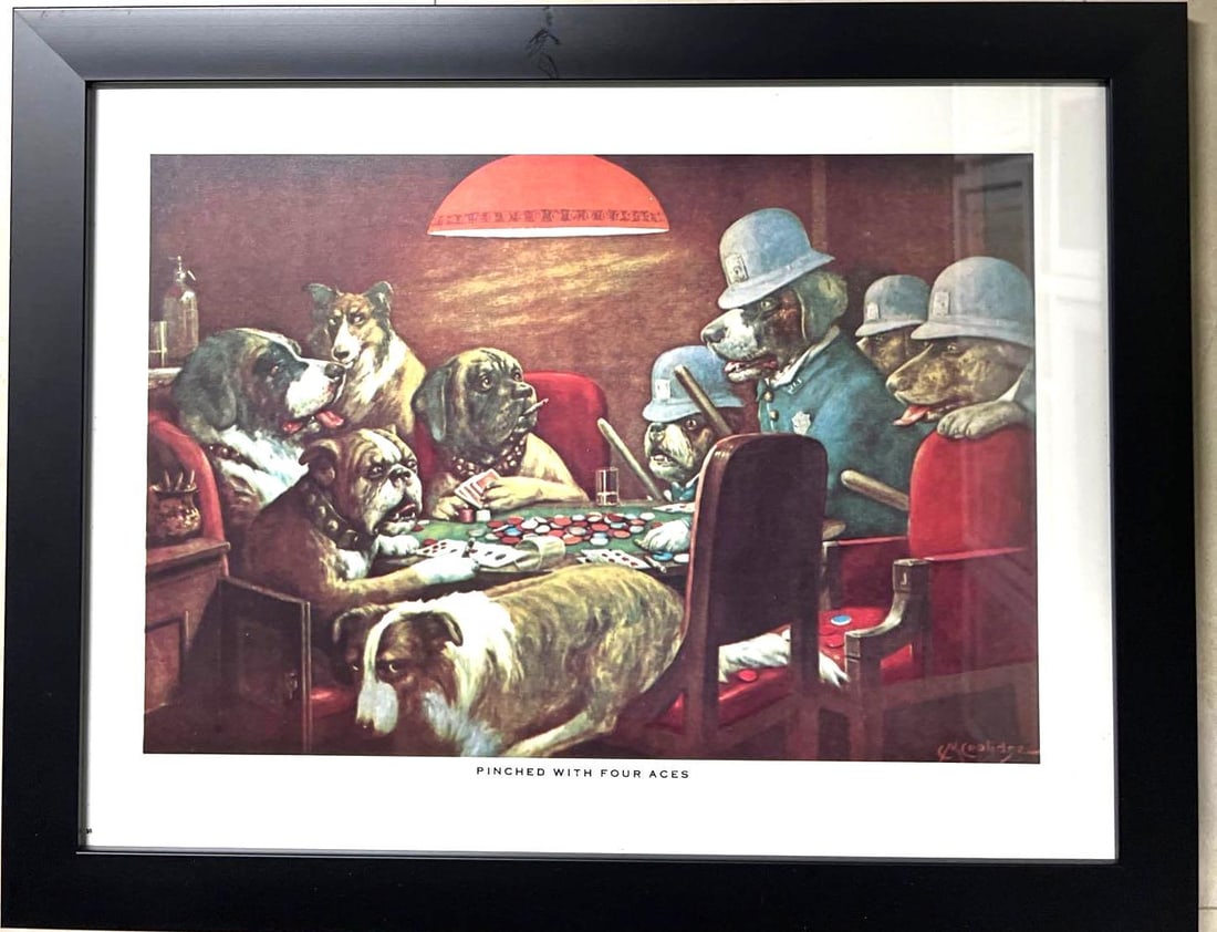 Very Rare Vintage Dogs Playing Poker C.M. Coolidge Framed Print Titled Pinched with Four Aces (1 of 6)