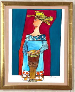 Framed Gouache and Ink o Paper signed Cundo Bermudez with COA, Titled MUSICO.: Framed Gouache and Ink o Paper signed Cundo Bermudez and dated 2006 with COA, Titled MUSICO. DIMENSIONS with frame : Height 21.50 inch / 54,5 cm Length 17.50 inch / 44,5 cm DIMENSIONS