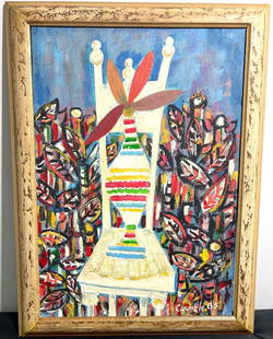 Framed Oil on Canvas, Titled Interrior con Silla, signed Carmolo Gonzalez and dated 85 lower right: Framed Oil on Canvas, Titled Interrior con Silla, signed Carmolo Gonzalez and dated 85 lower right with C O A DIMENSIONS with frame : Height 23 inch / 58,5 cm Length 17.25 inch / 43,7 cm