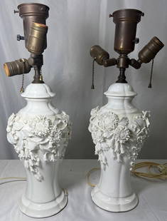 Pair of Large Chinese Blanc De Chine Porcelain Vase Lamps, Applied Flowers: Pair of gorgeous Chinese white blanc de chine porcelain vase lamps. Encrusted with flowers. There are no cracks to bodies of the vases. There are several losses to the flowers with minor chips and som
