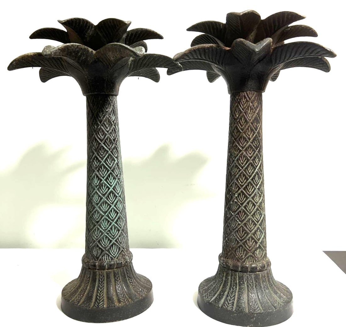 Pair Vintage Brass Palm Tree Candle Holders Auction