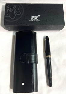 Montblanc Meisterstuck Fountain Pen with leather travel Case: Mont blanc Meisterstuck¸147 Fountain Pen. Black Pen with leather travel Case 'MONT BLANC MEISTERSTUCK 147 Approximate dimensions: 5.75 inches long. Condition: Light wear overall.