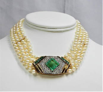 Pearl necklace: Pearl necklace Weight 90g 2 ct diamonds 4 plus ct emerald center 18 ct gold