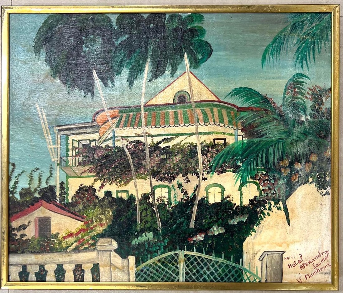 Framed Oil on cardboard signed by Victor Mombrun Haitian painter: Framed Oil on cardboard signed by Victor Mombrun Haitian painter from Jacmel Titled Hotel Alexandra DIMENSIONS : Height 10 inch / 25,4 cm Length 11.80 inch / 30 cm