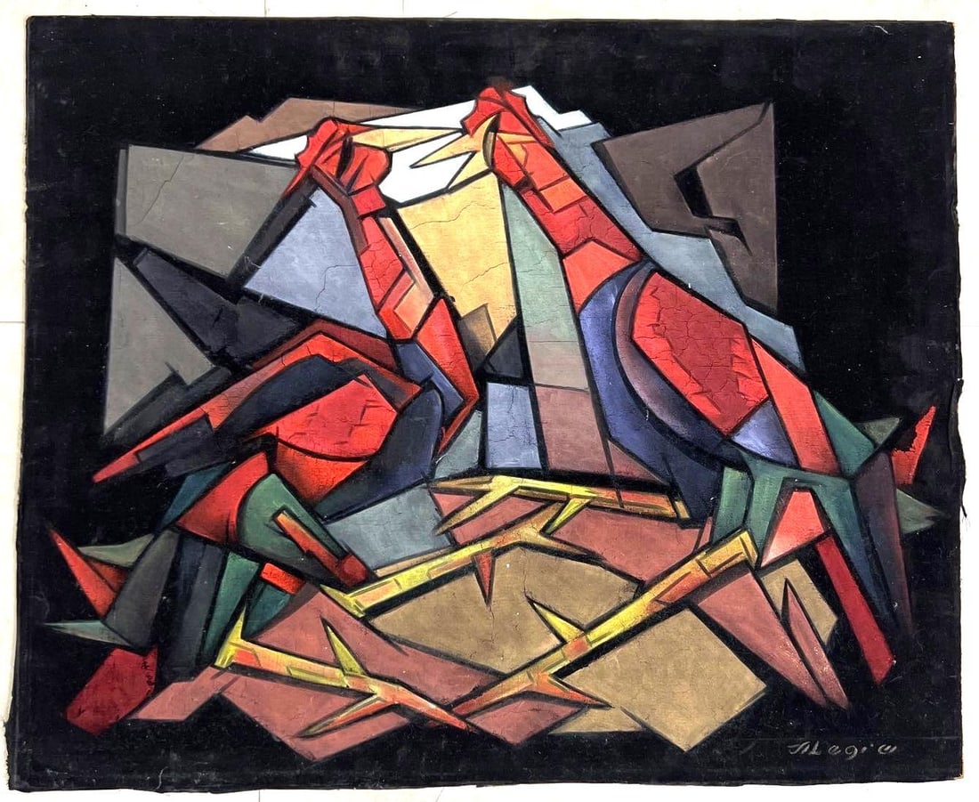 Mixed Media on Fabric glued on board signed lower right titled TWO ROOSTERS (1 of 4)