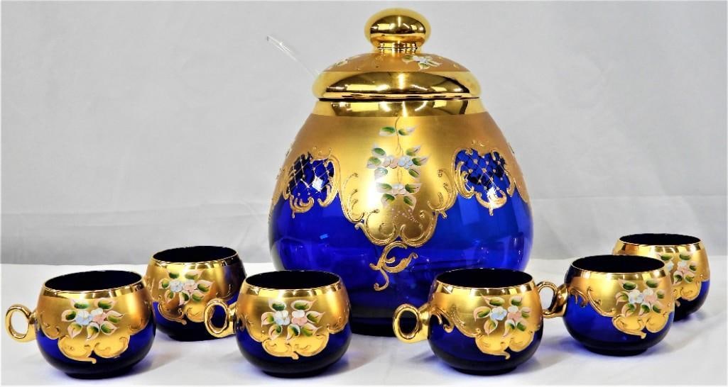Cobalt Blue Italian Murano Glass Punchbowl Set with Gold Trim, Floral Design (1 of 10)