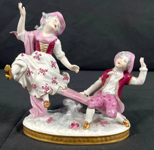 Rudolstadt- Volkstedt Rose Pink Porcelain Figurine: Antique Rudolstadt- Volkstedt Rose Pink Porcelain Figurine Boy and Girl on Seesaw. DIMENSIONS : Height 6 inch / 15,2 cm Length 7 inch / 17,8 cm 