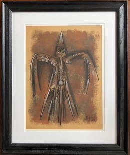 Wilfredo Lam (Cuban, 1902-1982) mixed media on paper,: Wilfredo Lam (Cuban, 1902-1982) a mixed media (gouache and colored pencil) on paper, illustration on heavy brown paper,signed ower right and dated 1970, done in the vibrant Afro-Cuban style of modern