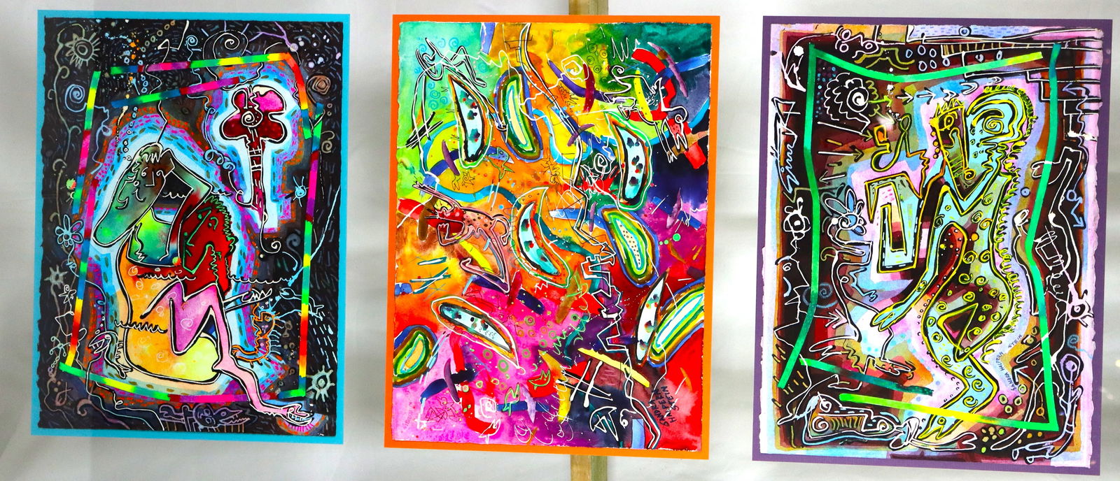 Three framed watercolors on parchment signed Sandra Halpern-Stein: Three framed watercolors on parchment signed Sandra Halpern-Stein DIMENSIONS with frame: Height 26.30 inch / 66,8 cm &n