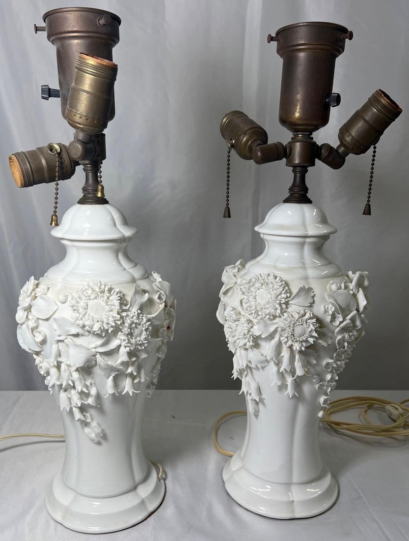 Pair of Large Chinese Blanc De Chine Porcelain Vase Lamps, Applied Flowers (1 of 7)