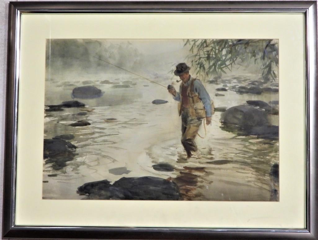 Watercolor on paper unsigned fishing Early morning Mist (1 of 4)