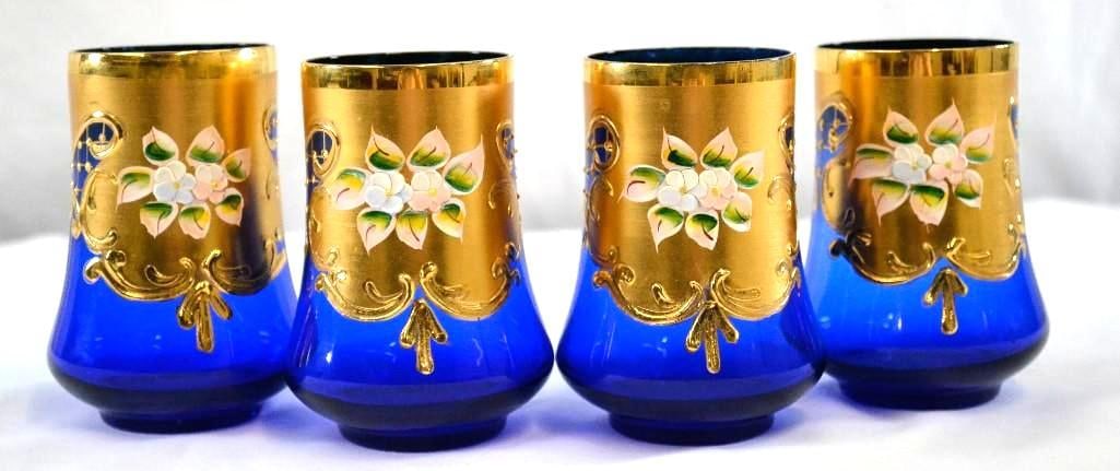 Cobalt Blue Italian Murano Four Glasses with Gold Trim, Floral Design (1 of 11)