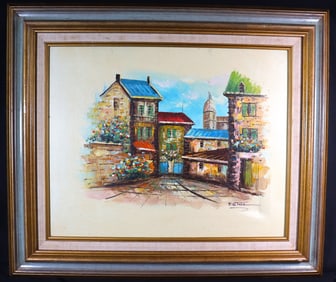FRAMED Oil on Canvas signed P.G. TIELE, "French Village Street," 20th c.