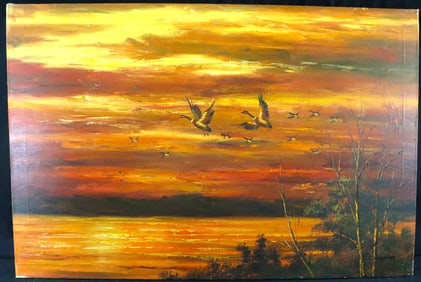 UNFRAMED Oil on Canvas signed WARGNER Titled Mallard ducks flying over Lake