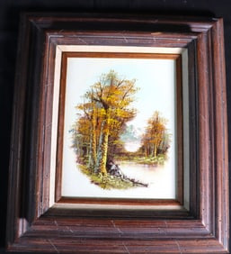 FRAMED Vintage Oil on Canvas signed lower center Fall/winter Scene