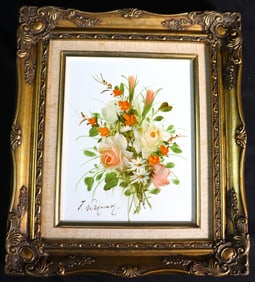 FRAMED Vintage Oil on Canvas signed Lower Left, Floral Desing