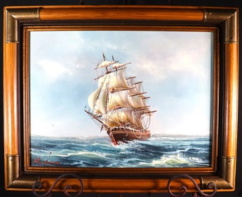 FRAMED Vintage Oil on Canvas signed HYDAN, Maritime Colonial Ship