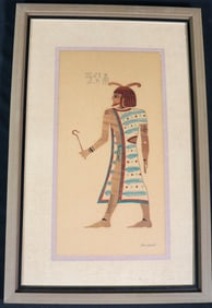 Joan Bryant Mid Century Modern Egyptian figure print Wood Framed