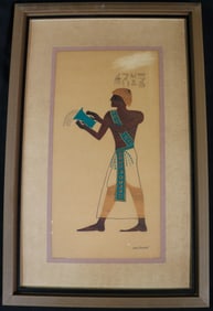 Joan Bryant Mid Century Modern Egyptian figure print Wood Framed
