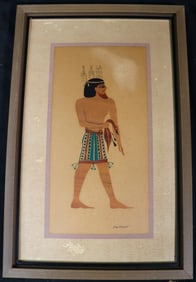 Joan Bryant Mid Century Modern Egyptian figure print Wood Framed