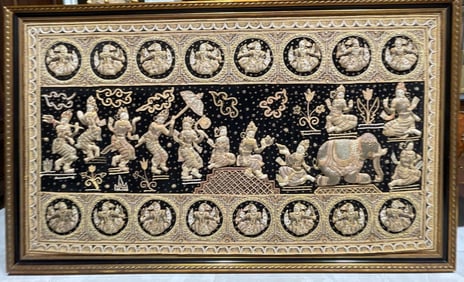 BURMESE KALAGA TAPESTRY HAND EMBROIDERED FRAMED