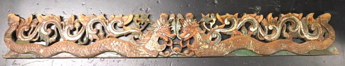 CHINESE CARVED PAINTED WOOD DRAGONS PANEL