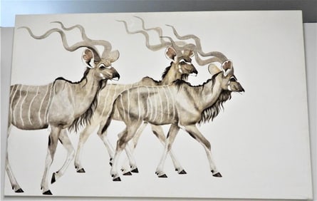 LARGE GREATER KUDU PAINTING signed and dated SUE RIFENBERICK 1976