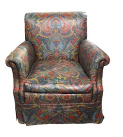 Custom upholstered club rotating armchair rolled arms and pleated skirt