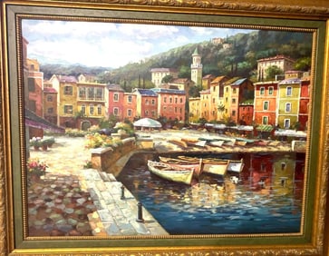 Harbor at Portfino Hand Enhanced Giclee on Canvas