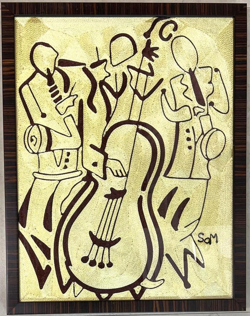 Framed Mixed Media on Fabric signed SOM lower right: Framed Mixed Media on Fabric signed SOM lower right DIMENSIONS with frame : Height 19.20 inch / 48,5 cm Length 15.10 inch / 38,4 cm