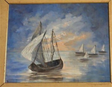 Framed Oil on canvas painting unsigned, Title Boats