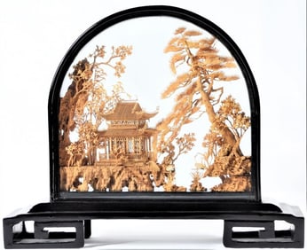 Chinese Cork Carving Diorama Black Glass Case