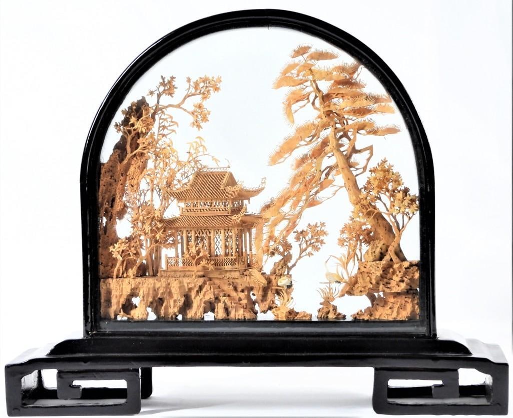 Chinese Cork Carving Diorama Black Glass Case: Vintage Chinese Hand Carved Miniature Cork Diorama. Lovely handmade Chinese art. Hand carved wooden and cork sceneryDIMENSIONS: Height 9 inch / 23 cm &nbs