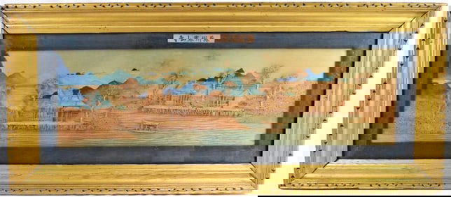 Framed shadow box Asian 3D carved cork wood sculpture Chinese Japanese landscape.
