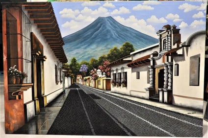 Oil on canvas painting of a Guatemalan Town, signed lower right