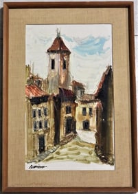 Framed oil on Masonite, the street of the village, signed lower left