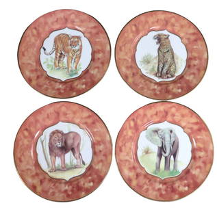 SET OF FOUR EMAIL DE LIMOGES GODINGER SAFARI ANIMAL PLATES: SET OF FOUR EMAIL DE LIMOGES GODINGER SAFARI ANIMAL DESSERT PLATES DIMENSIONS for Each One: Diameter: 7.50 inch / 19 cm 