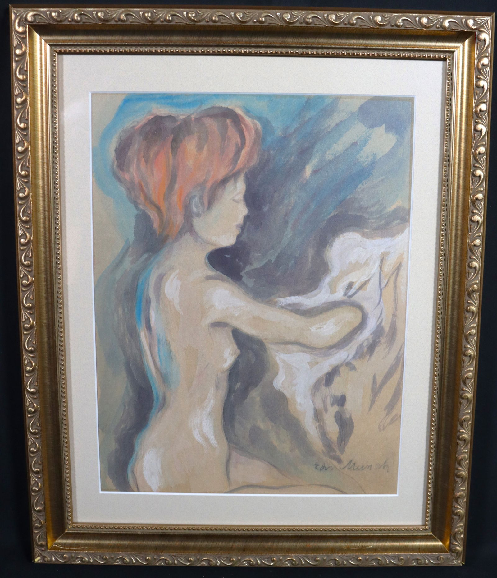 Framed Watercolor on Paper signed Edvard Munch (after Edvard Munch ): Framed Watercolor on Paper signed Edvard Munch (after Edvard Munch) DIMENSIONS with frame: Height 16.25 inches / 41 cm 