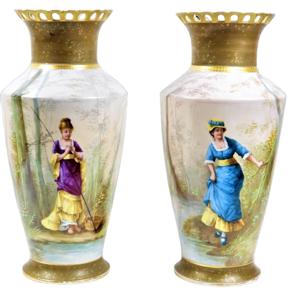 Antique Pair of hand painted vases from France (1 of 8)