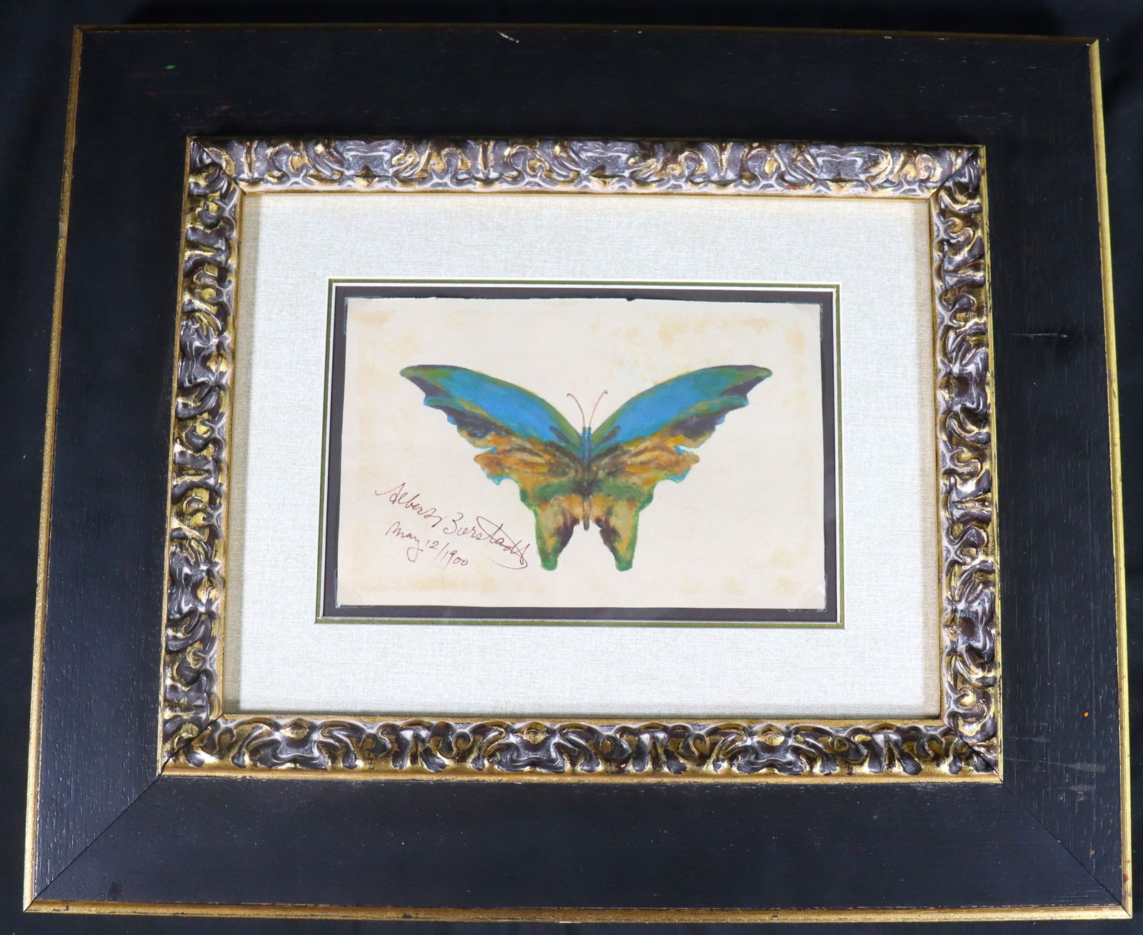 Framed Watercolor on paper, "Butterfly" signed Albert Bierstadt and dated May 12, 1900 (1 of 5)