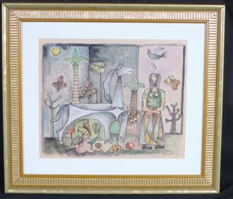 Framed Mixed Media on paper signed Carreno and dated 47 lower Right