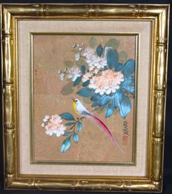 Vintage Asian Painting Floral Ornithology Flowers Bird Gold Bamboo Frame signed and stampet