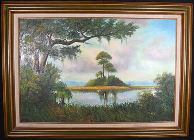 Framed Oil on Canvas signed Hill, Florida Landscape