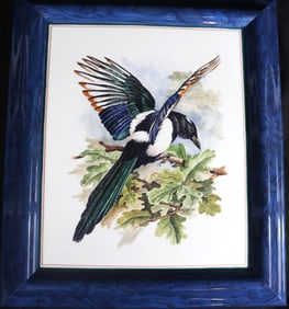 Framed Hand painted magpie bird on porcelain tile signed on the bottom