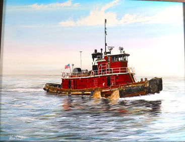 Frame Gouache on board signed Herbert Weintraub. 20th century Titled "Tugboat"